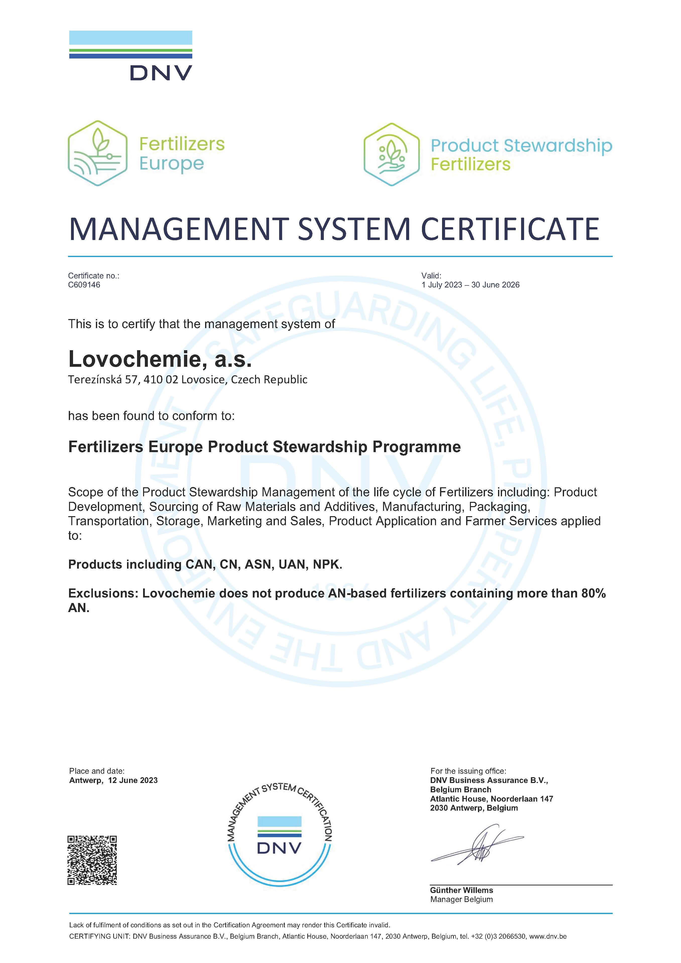 LOVOCHEMIE MANAGEMENT SYSTEM CERTIFICATE
